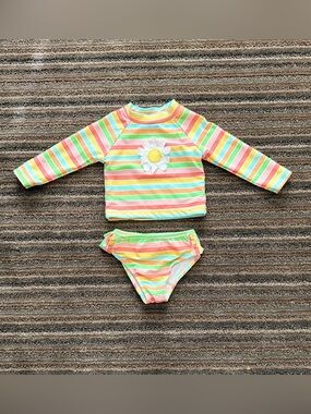 Little Me Baby Girl Pastel Rainbow Stripe Rashguard Set with Daisy